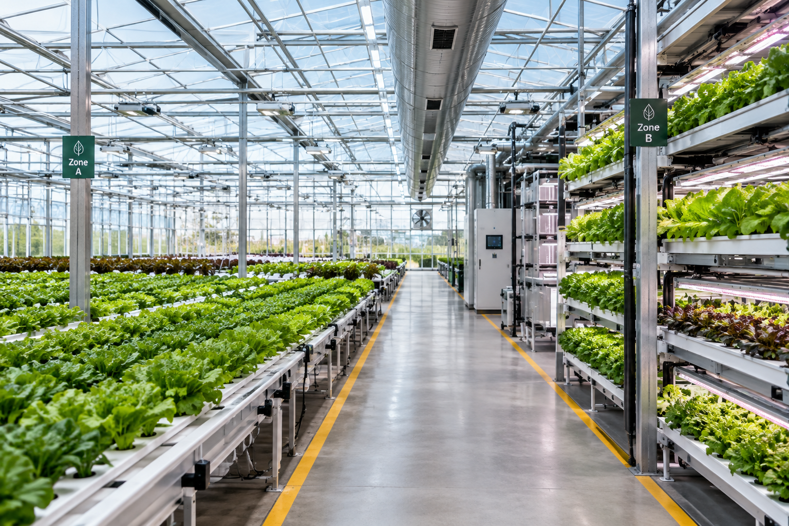 Modern greenhouse aisle with climate control screens and organized production bays