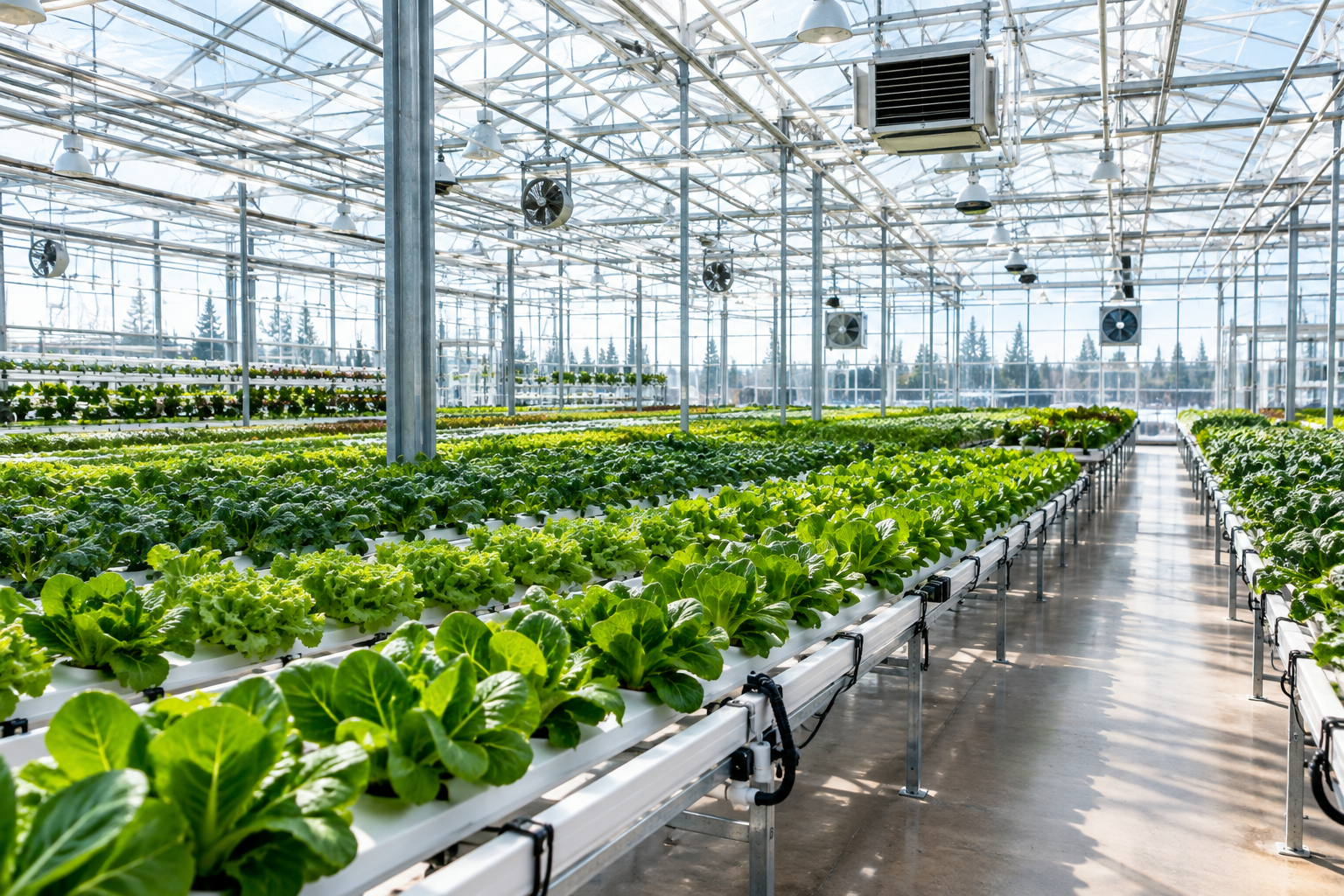 Authentic commercial hydroponic greenhouse interior with long production rows, climate-control infrastructure, and natural daylight in a modern Canadian-style controlled-environment facility