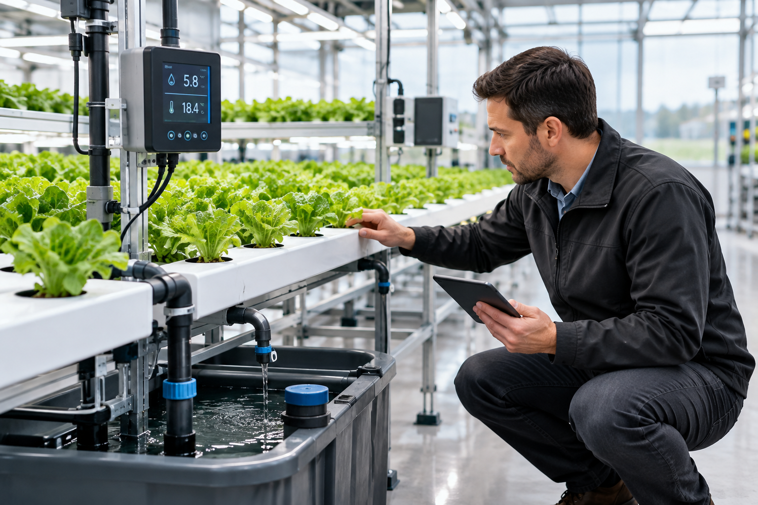 Technician reviewing a commercial hydroponic rack with pipes, reservoirs, and sensor readouts