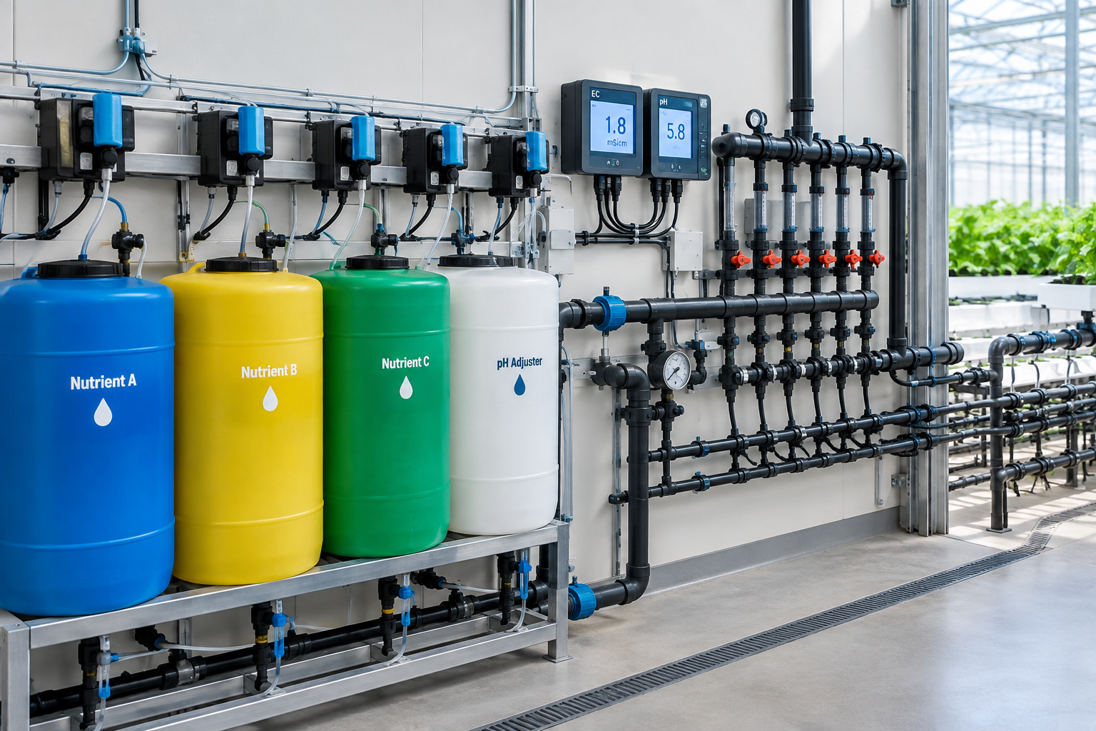 Nutrient dosing station with labelled tanks, irrigation manifolds, and monitoring instruments