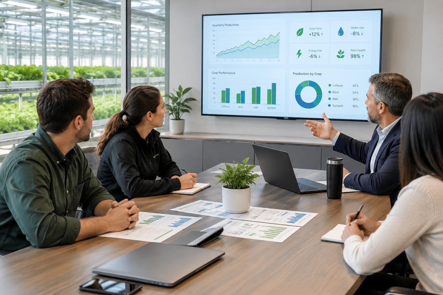 Quarterly advisory meeting with grow-team metrics report and cultivation KPI charts