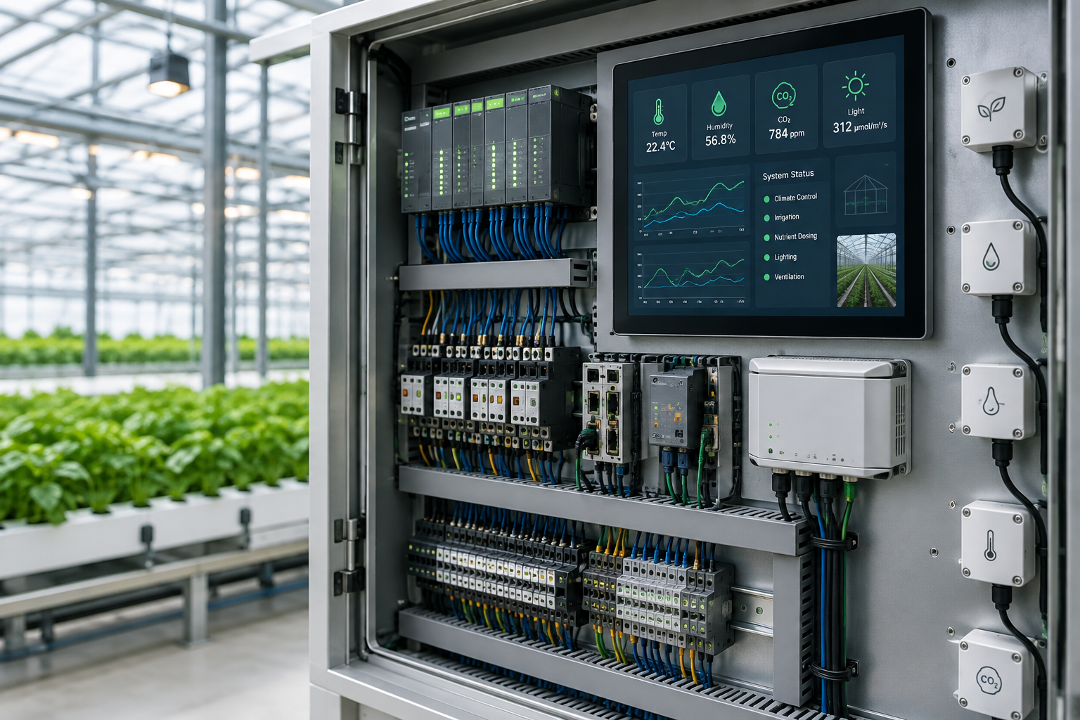 Agricultural control cabinet with sensor dashboards, automation relays, and integrated environmental monitoring