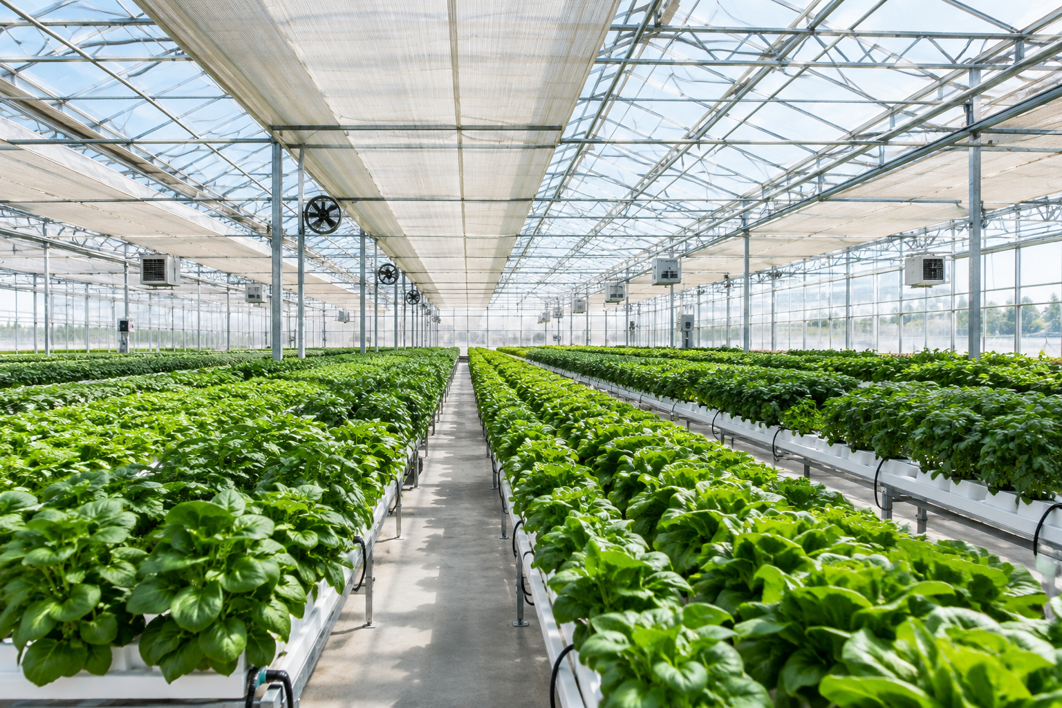 Modern greenhouse interior with structured crop rows, overhead climate screens, and steel infrastructure