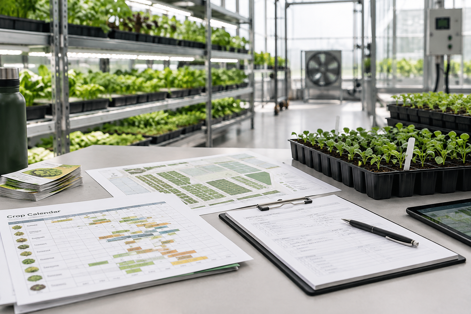 Crop planning workstation with propagation trays, cultivation calendars, and production scheduling documents
