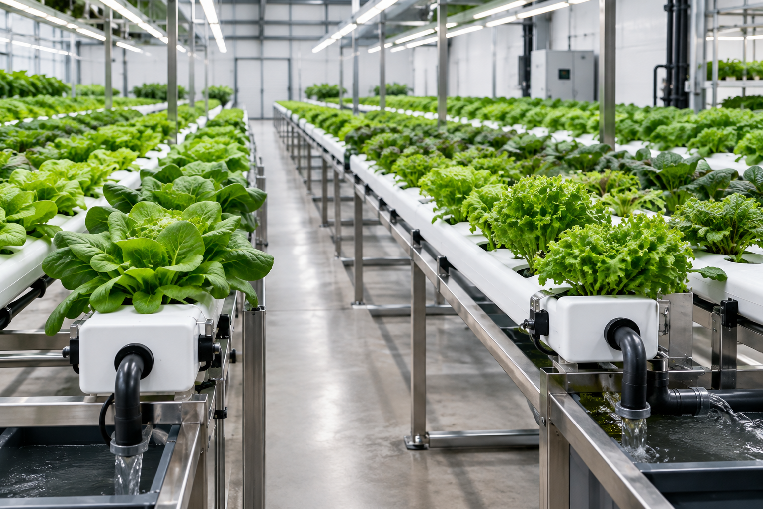 Commercial hydroponic NFT channels with nutrient return manifolds and healthy lettuce rows under clean industrial lighting