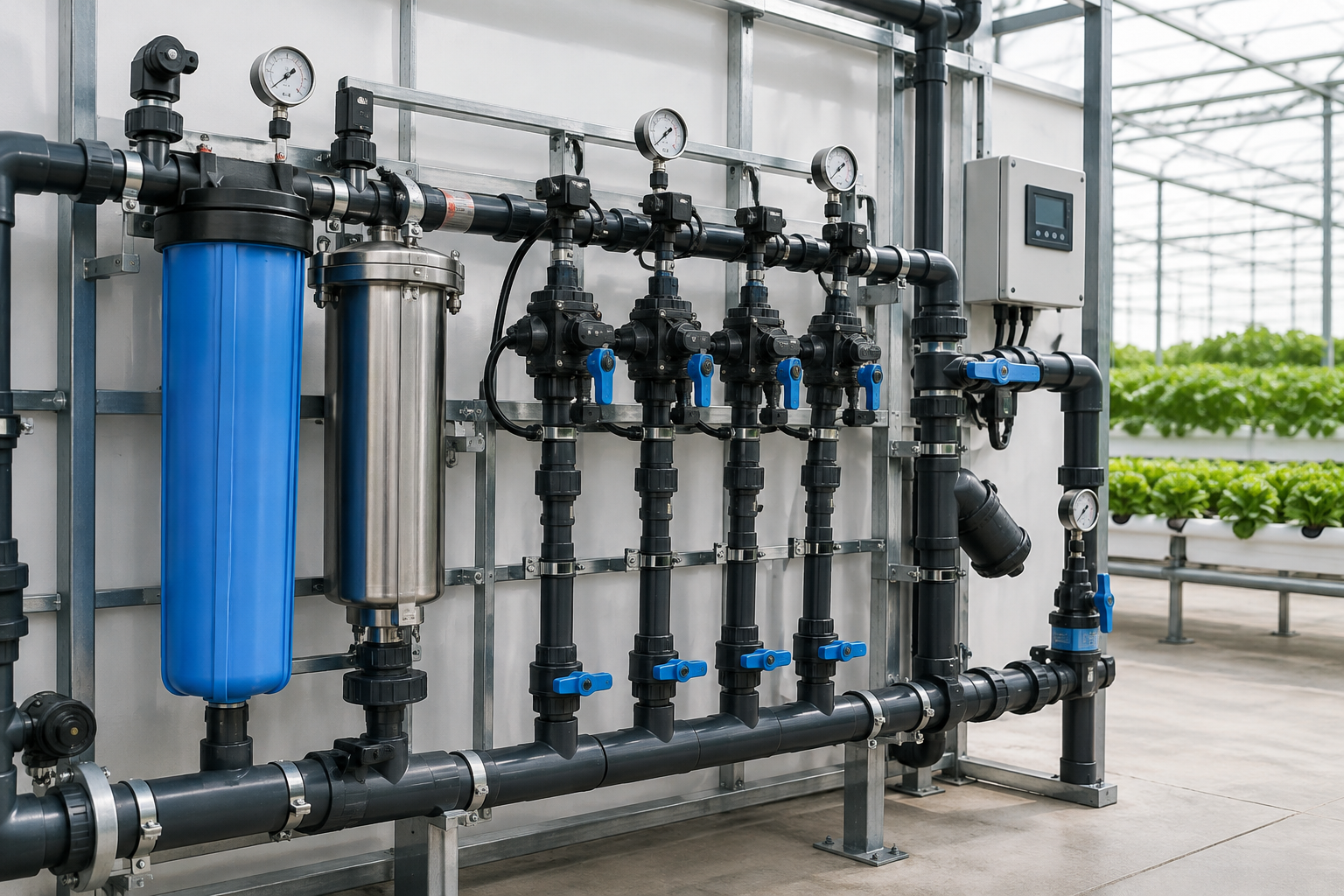 Commercial irrigation manifold assembly with filtration housings, valves, and pressure instrumentation