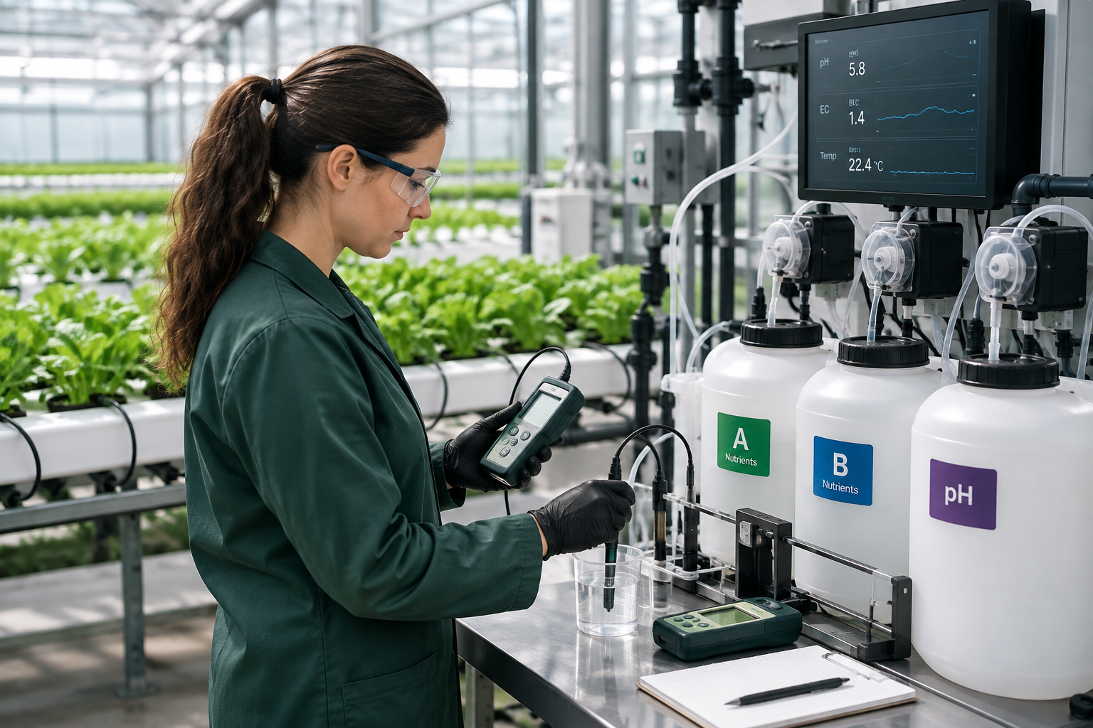 Technician measuring pH and EC at nutrient reservoirs in a controlled hydroponic service area