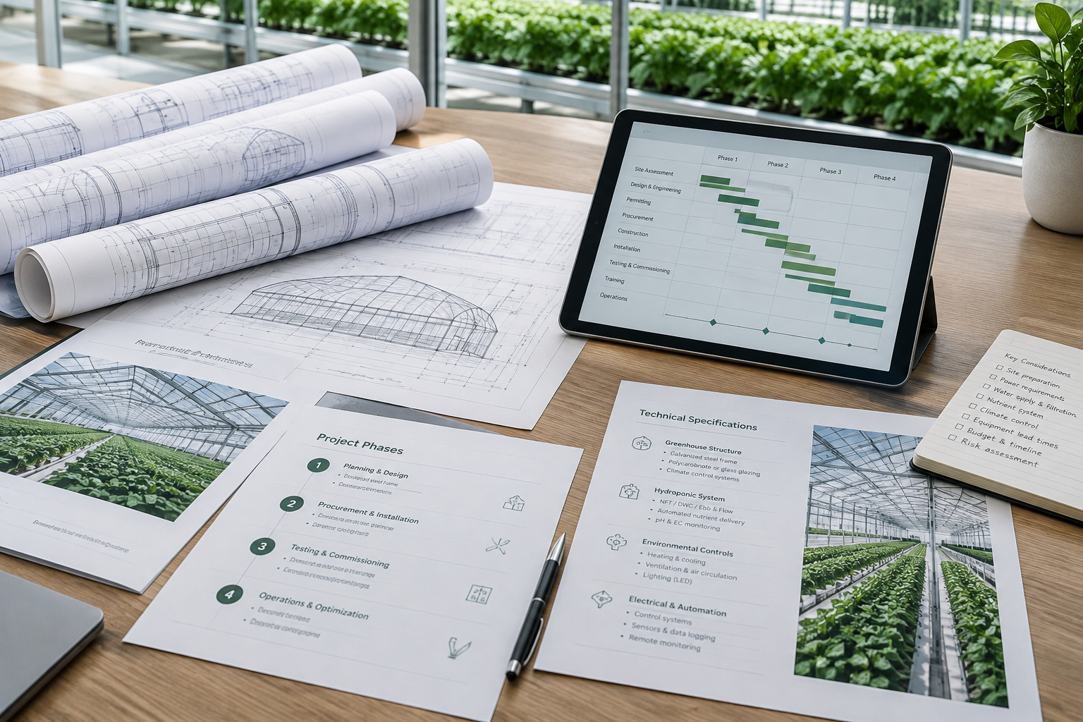 Project planning desk with greenhouse drawings, phased implementation notes, and technical specification sheets