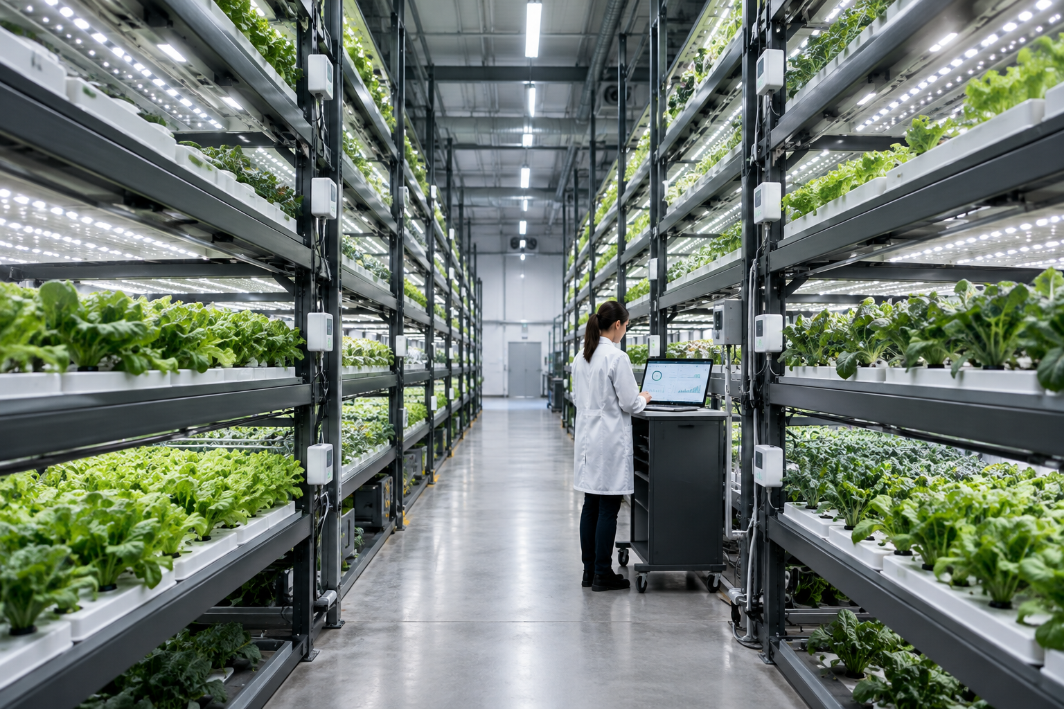 Indoor vertical farm aisle with stacked grow racks, LED lighting, and routine performance monitoring stations