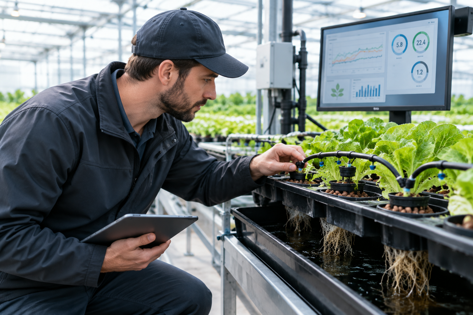 Consultant inspecting root-zone and irrigation lines while reviewing a performance dashboard