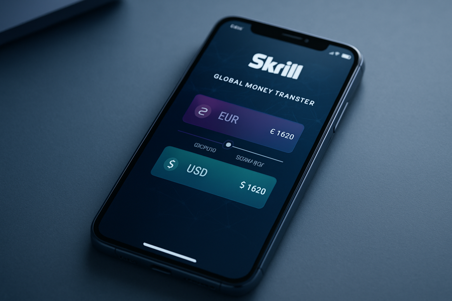Premium fintech dashboard on a smartphone showing a global money transfer from Skrill with currency cards, transfer speed indicators, and subtle network connections