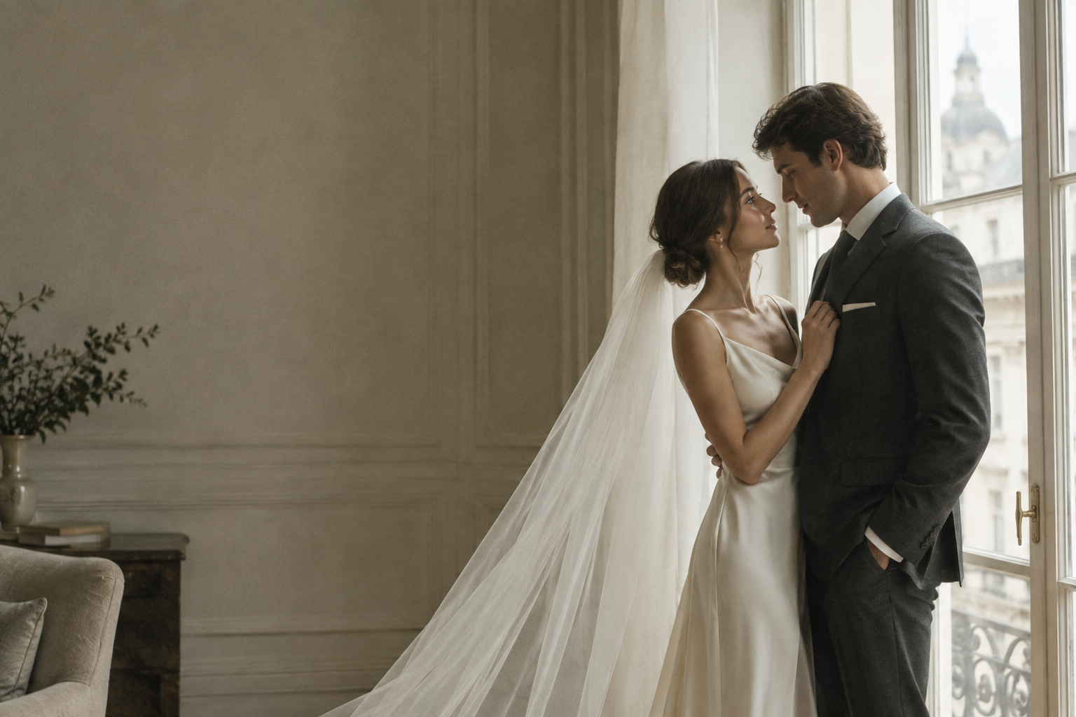 Elegant newlywed couple in soft natural window light, captured in an intimate editorial style