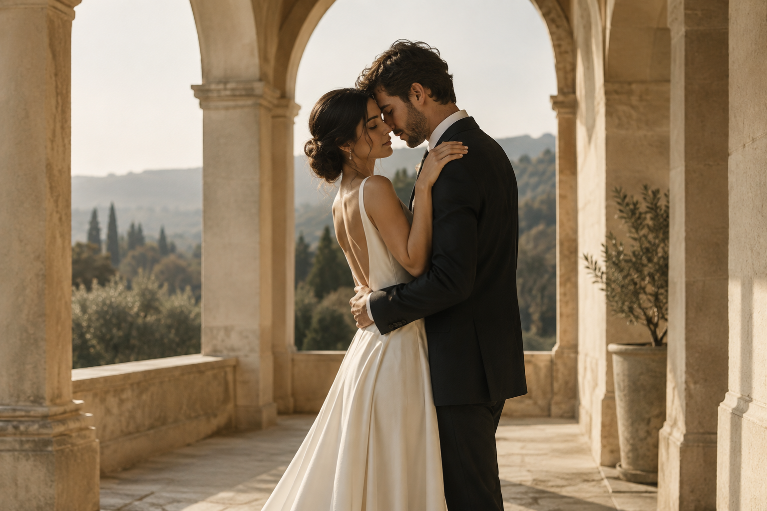 Bride in an ivory silk gown embracing her partner under warm villa light