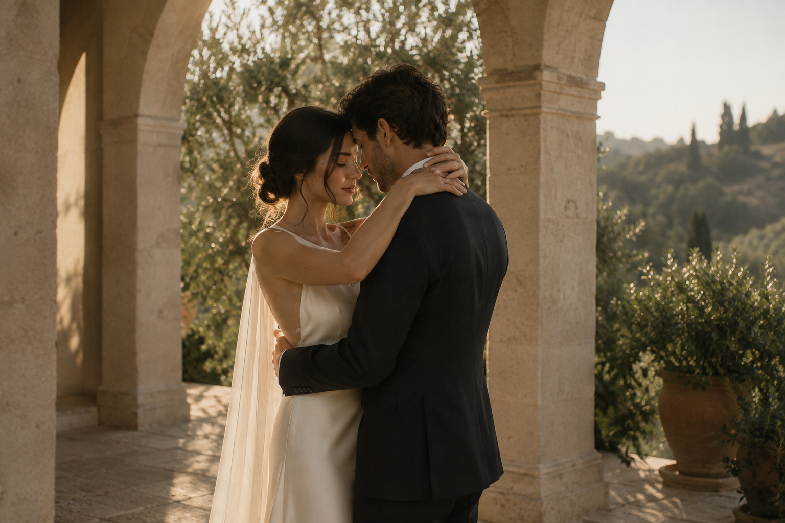 Bride in an ivory silk gown embracing her partner under warm villa light