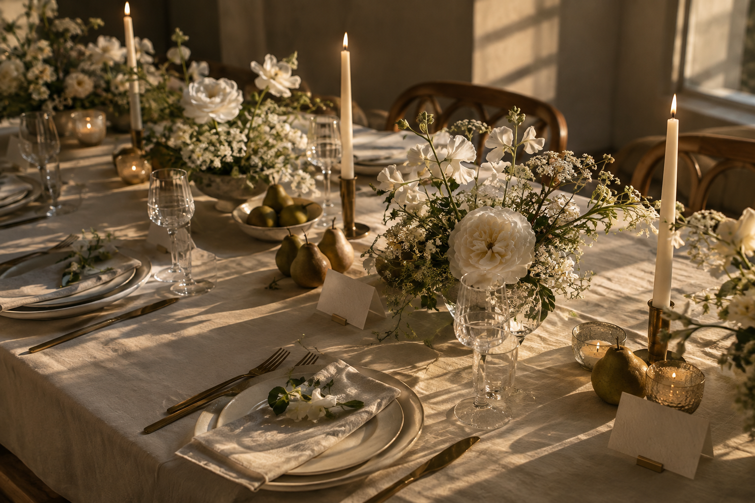 Long candlelit wedding table with cream linen, pears, and garden flowers