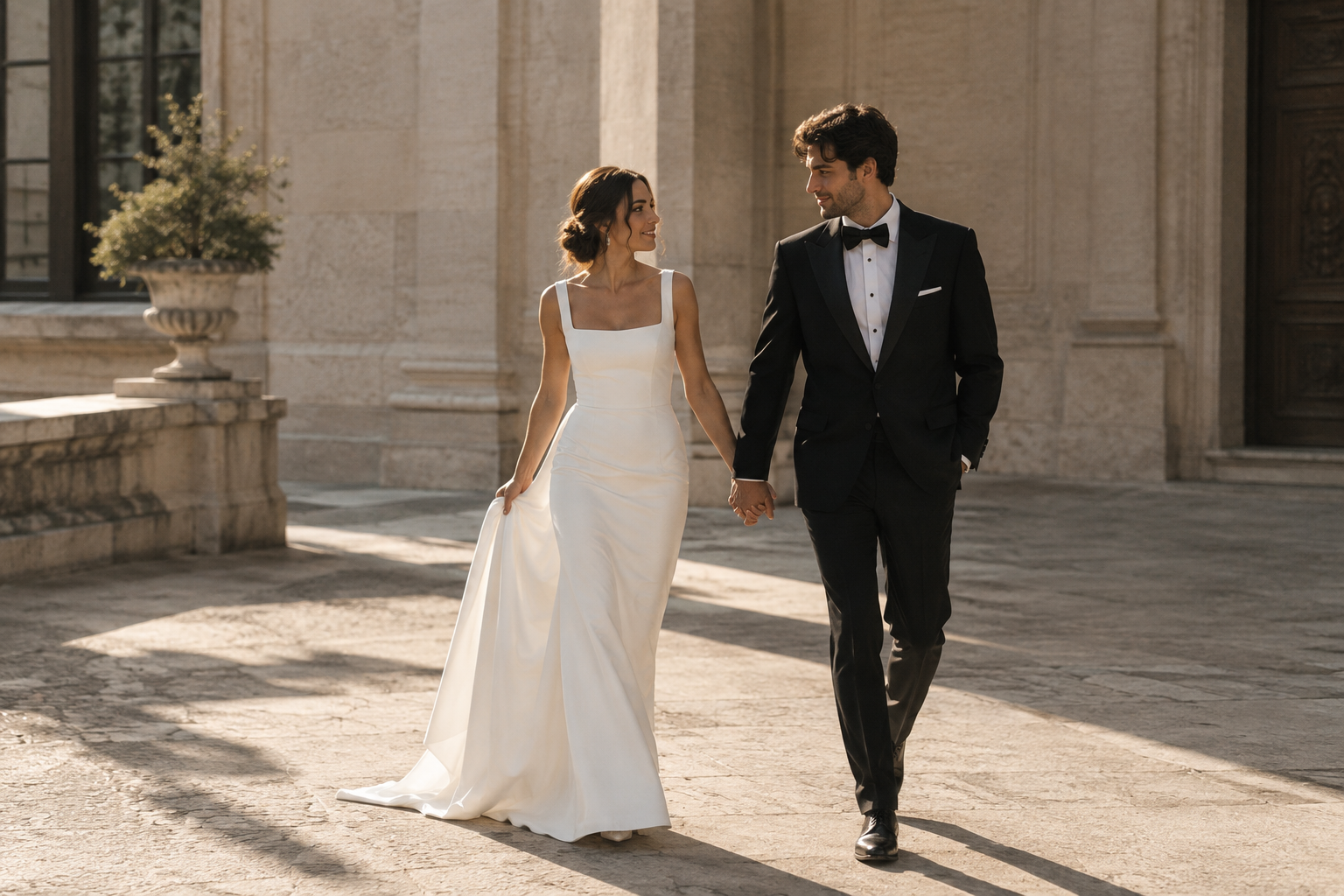 Bride and groom in tailored black and white formalwear walking through a stone courtyard