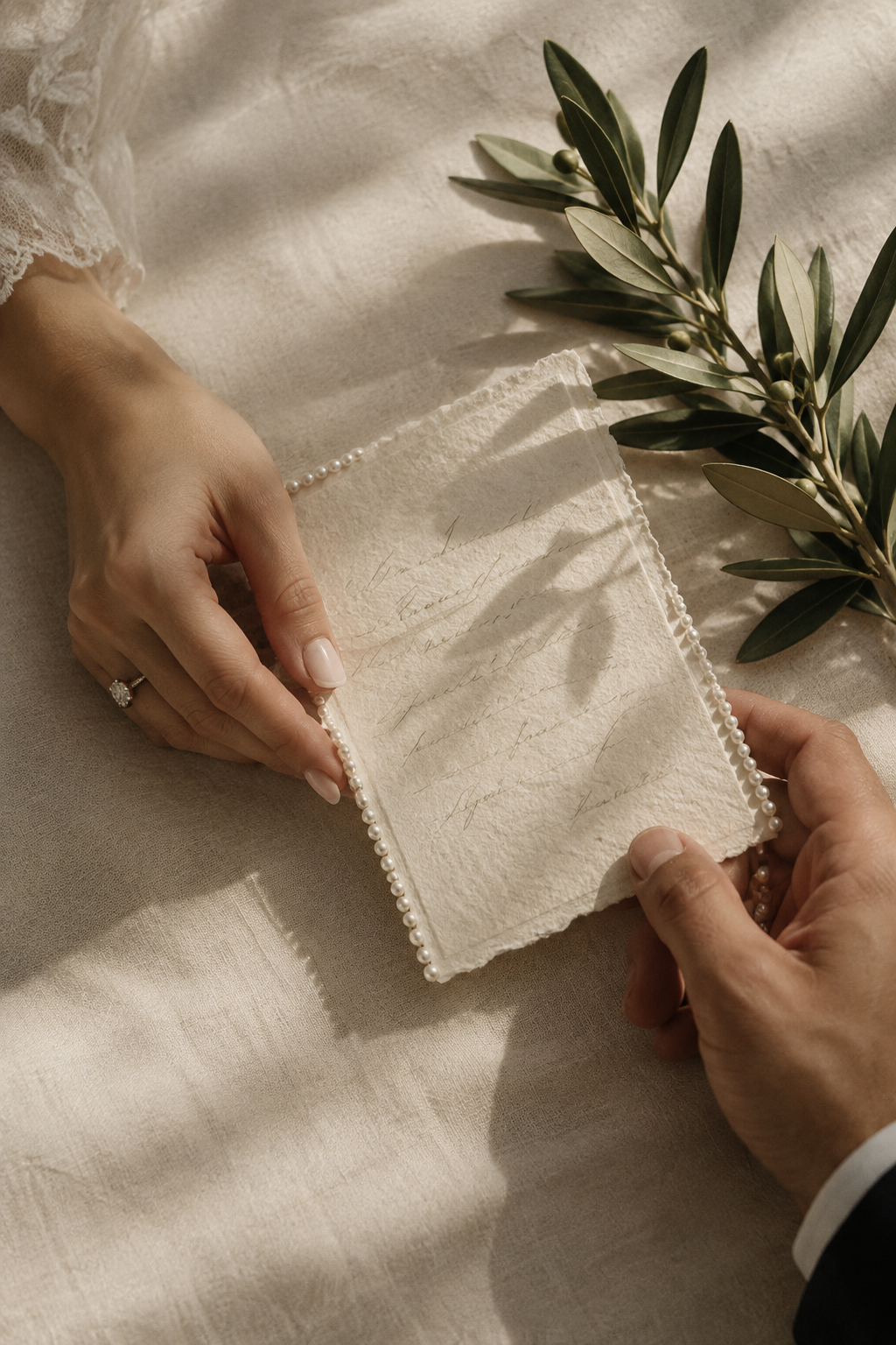 Close portrait of hands holding a pearl-edged invitation and olive branch