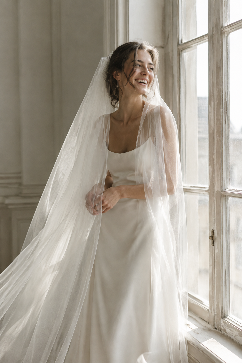 Bride laughing beneath a soft cathedral veil near a tall window