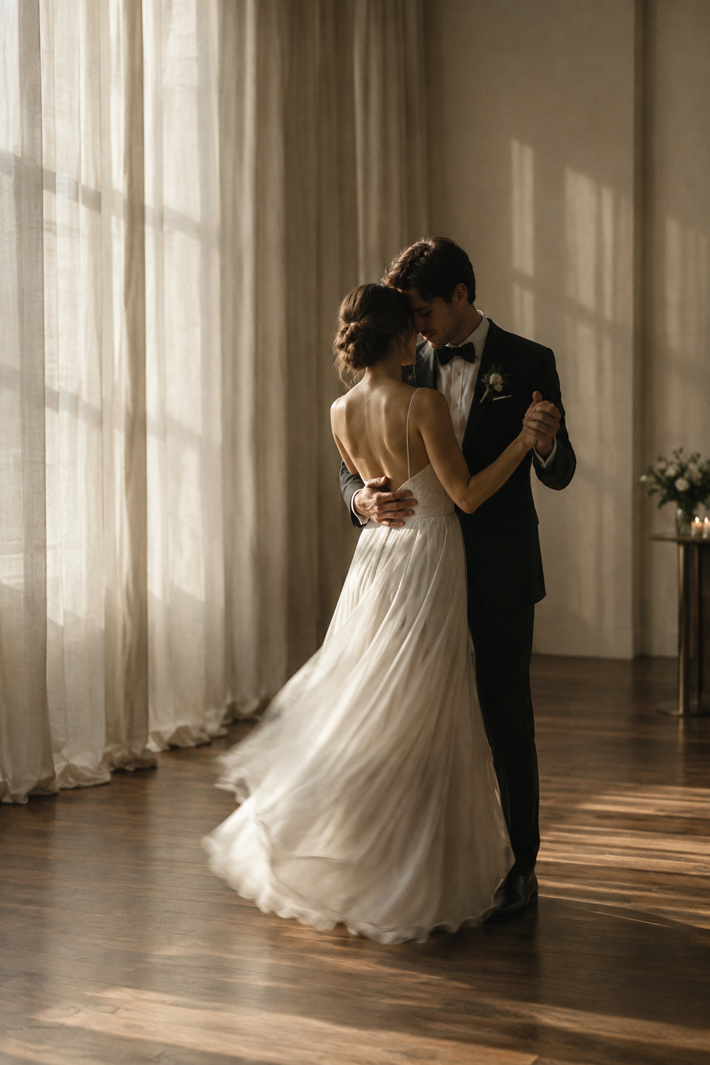 Newlyweds dancing slowly in a sunlit reception room
