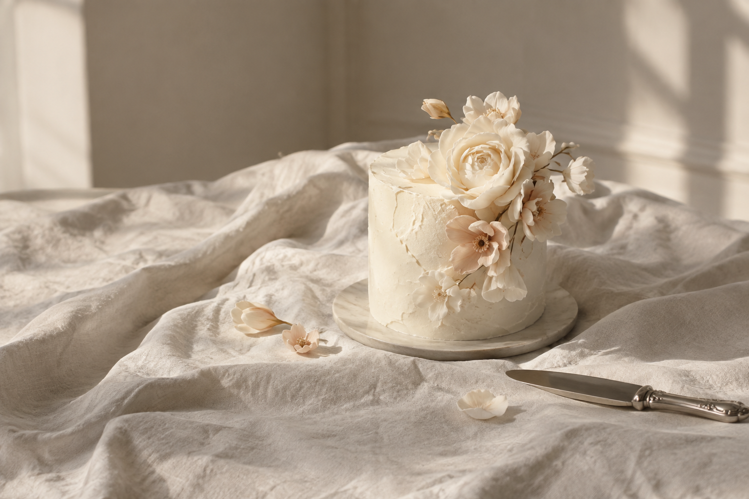 Ivory wedding cake with sculptural sugar flowers on a linen table