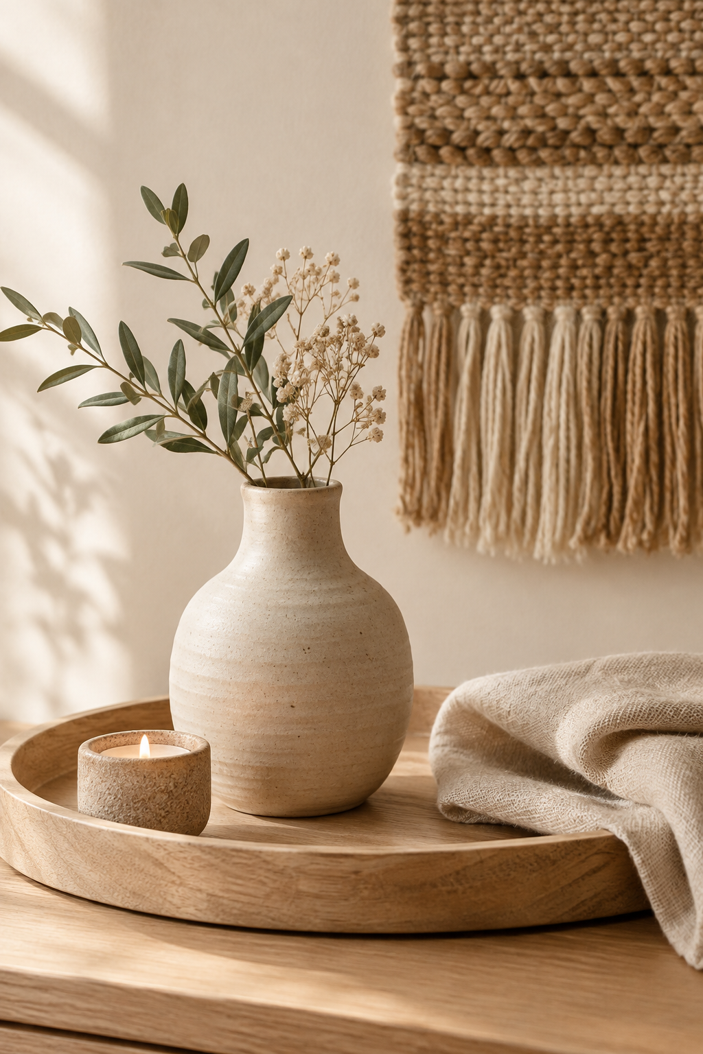 Editorial home-studio scene with ceramic vase, woven wall texture, wooden tray, linen cloth, and soft daylight