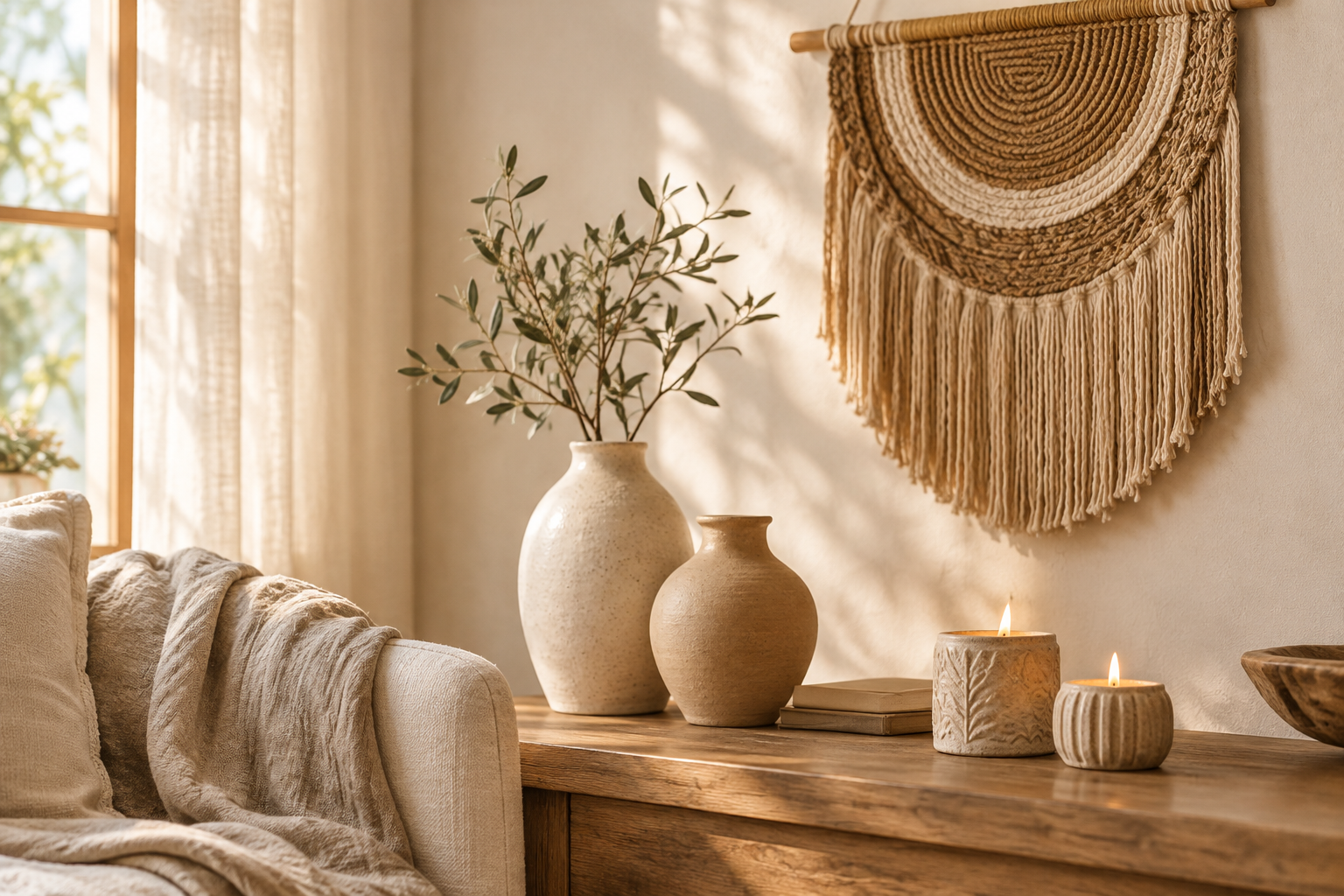 Warm handmade decor arranged in a softly lit home interior with ceramic vases, woven wall texture, candlelight, linen fabric, and natural wood accents