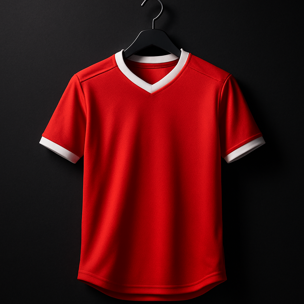 Vibrant red football jersey with white trim displayed on a hanger