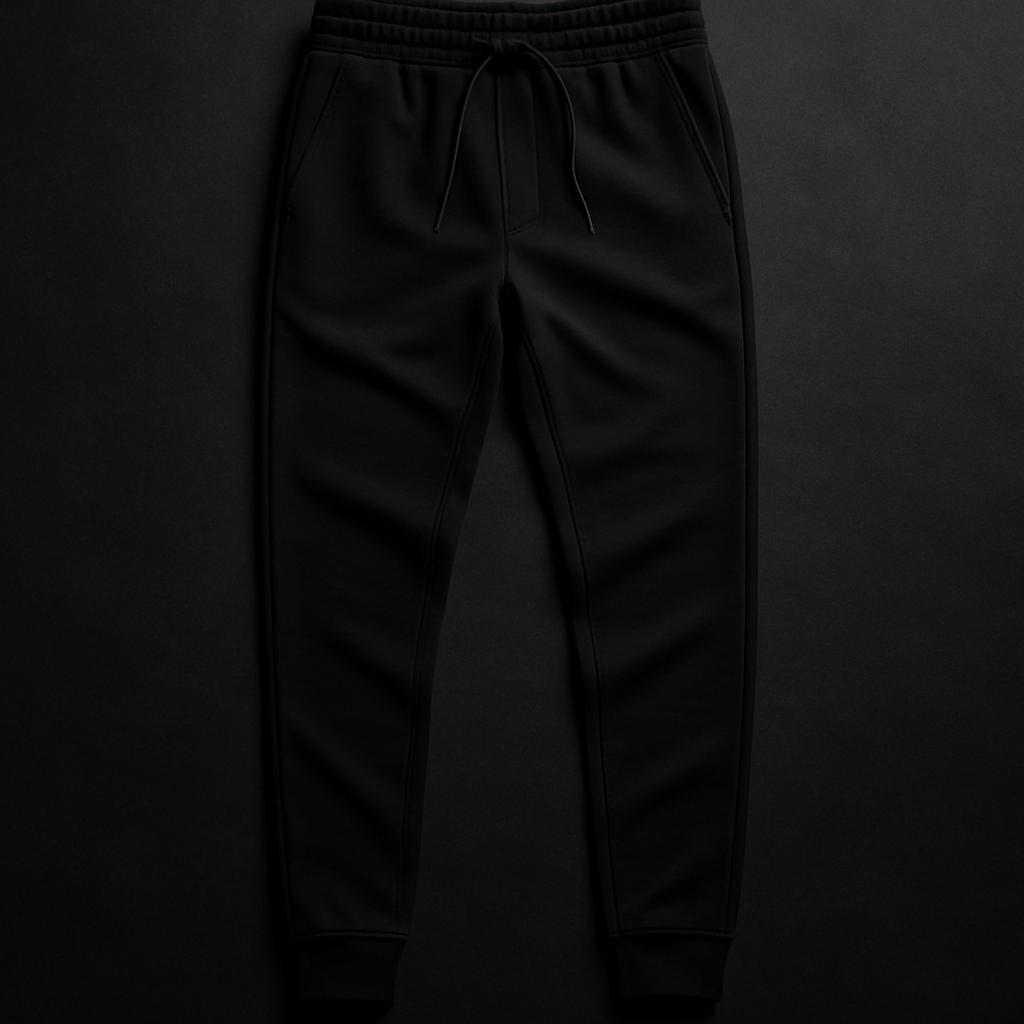 Slim-fit black joggers with tapered cuffs laid out on a dark surface