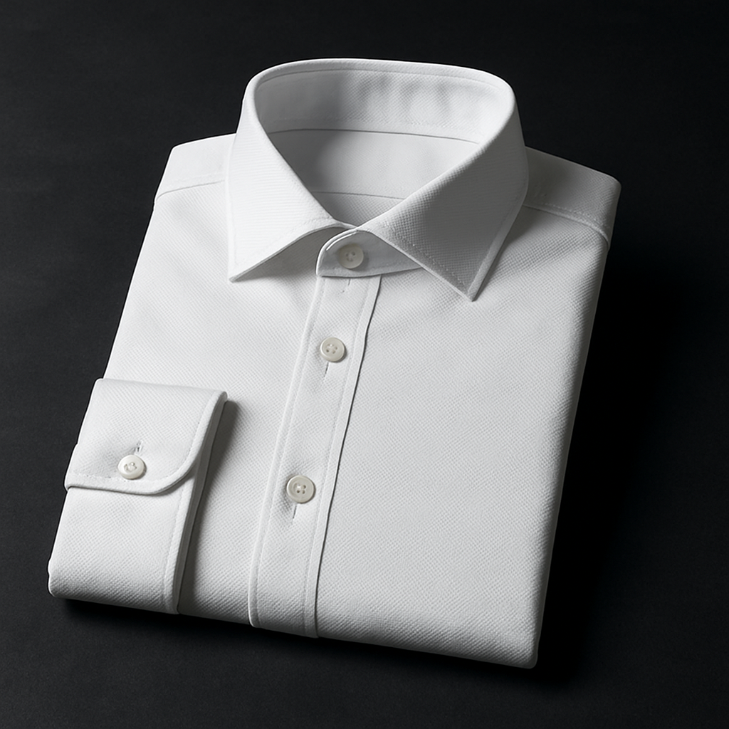 Crisp white men’s button-up shirt with a structured collar