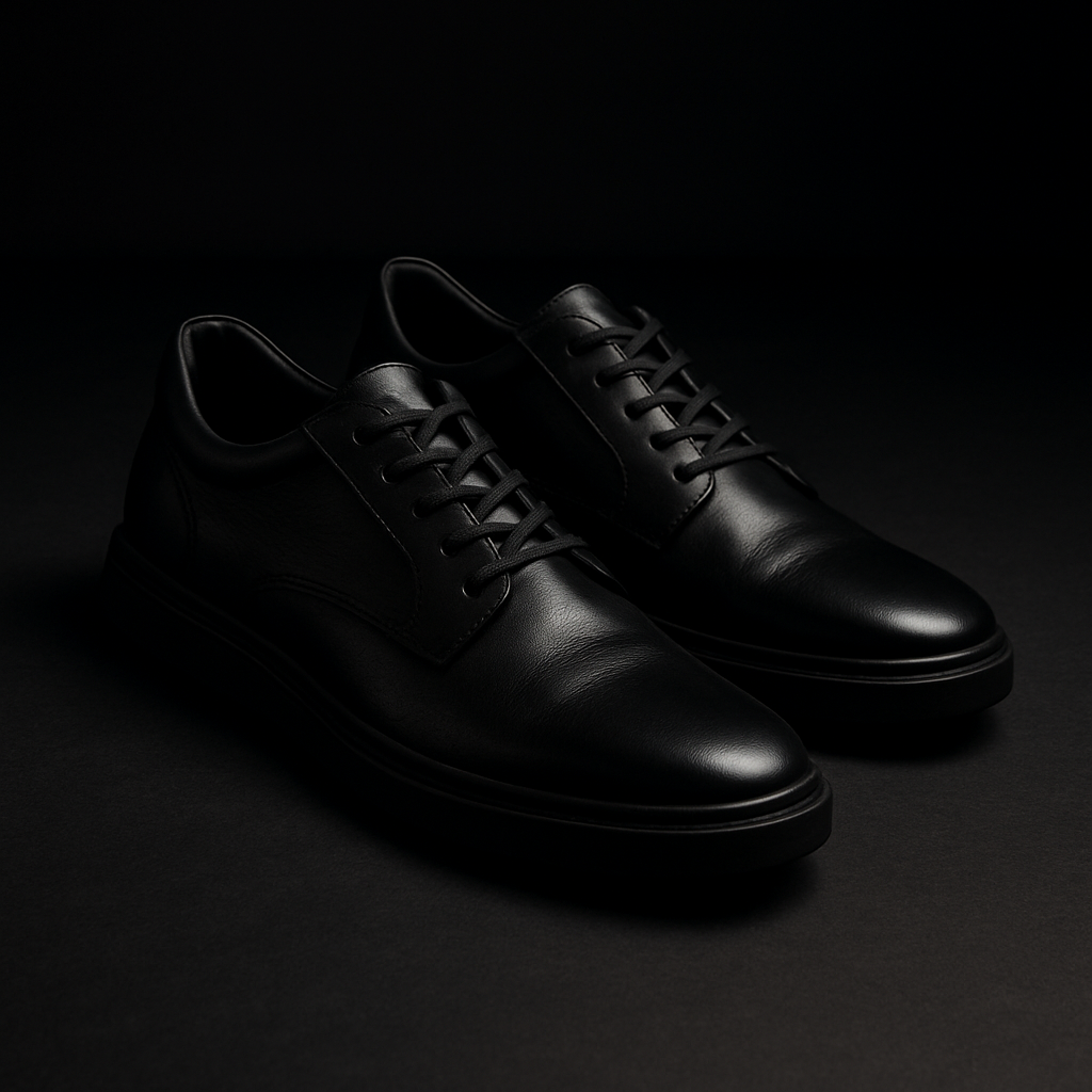 Minimalist black leather men’s shoes with low-profile soles