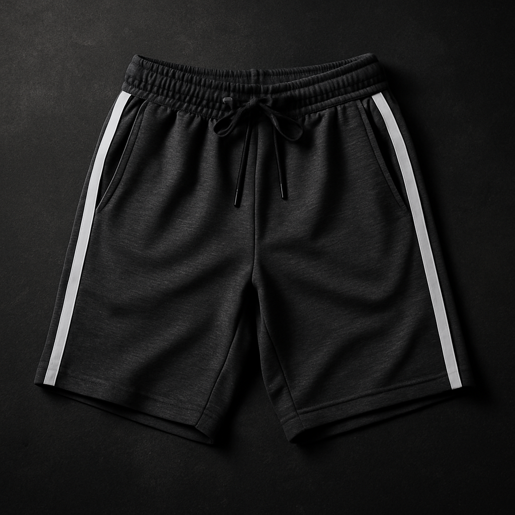 Charcoal athletic shorts with side stripes and drawstring waist