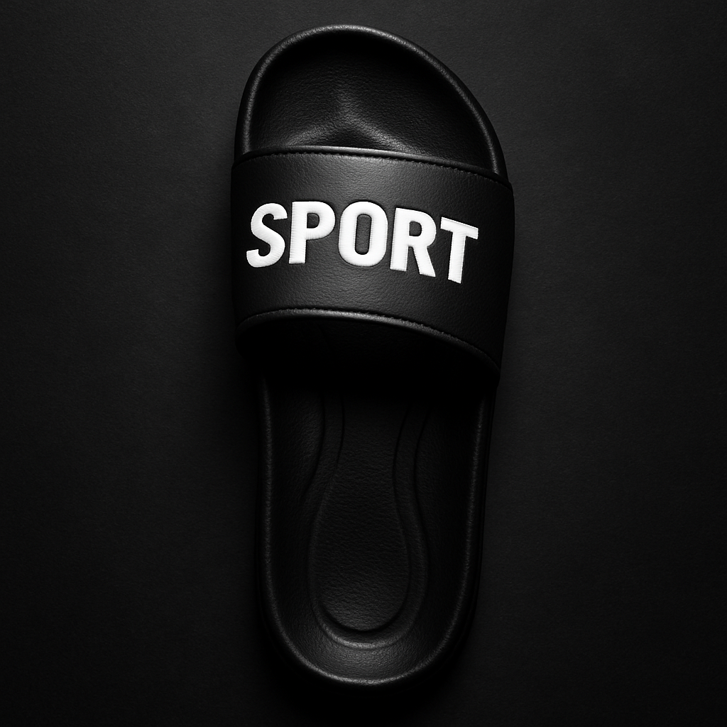 Black sport slides with molded footbed and bold logo strap