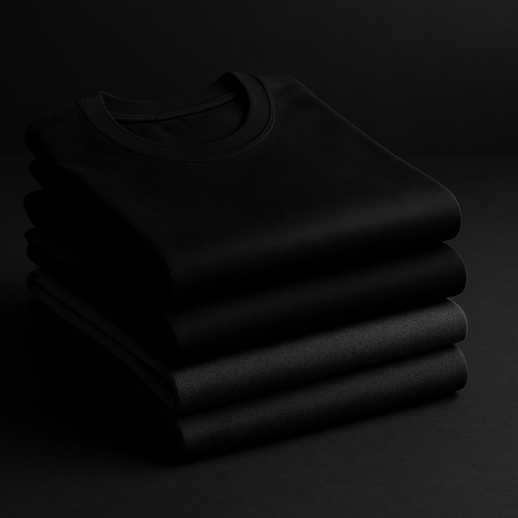 Folded stack of premium black and charcoal men’s T-shirts with a matte finish