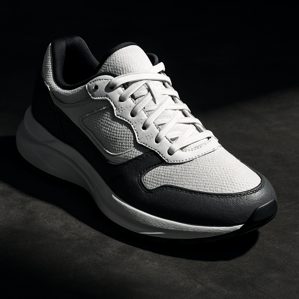 Close-up of premium white and charcoal athletic sneakers on a dark floor