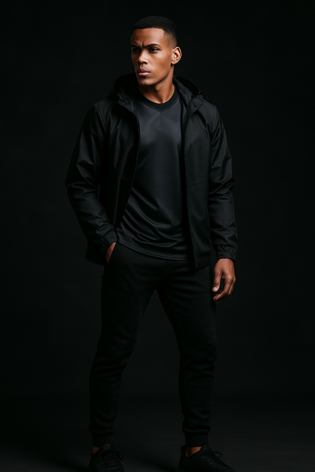 Confident male model in modern streetwear with a football jersey layered under a black jacket