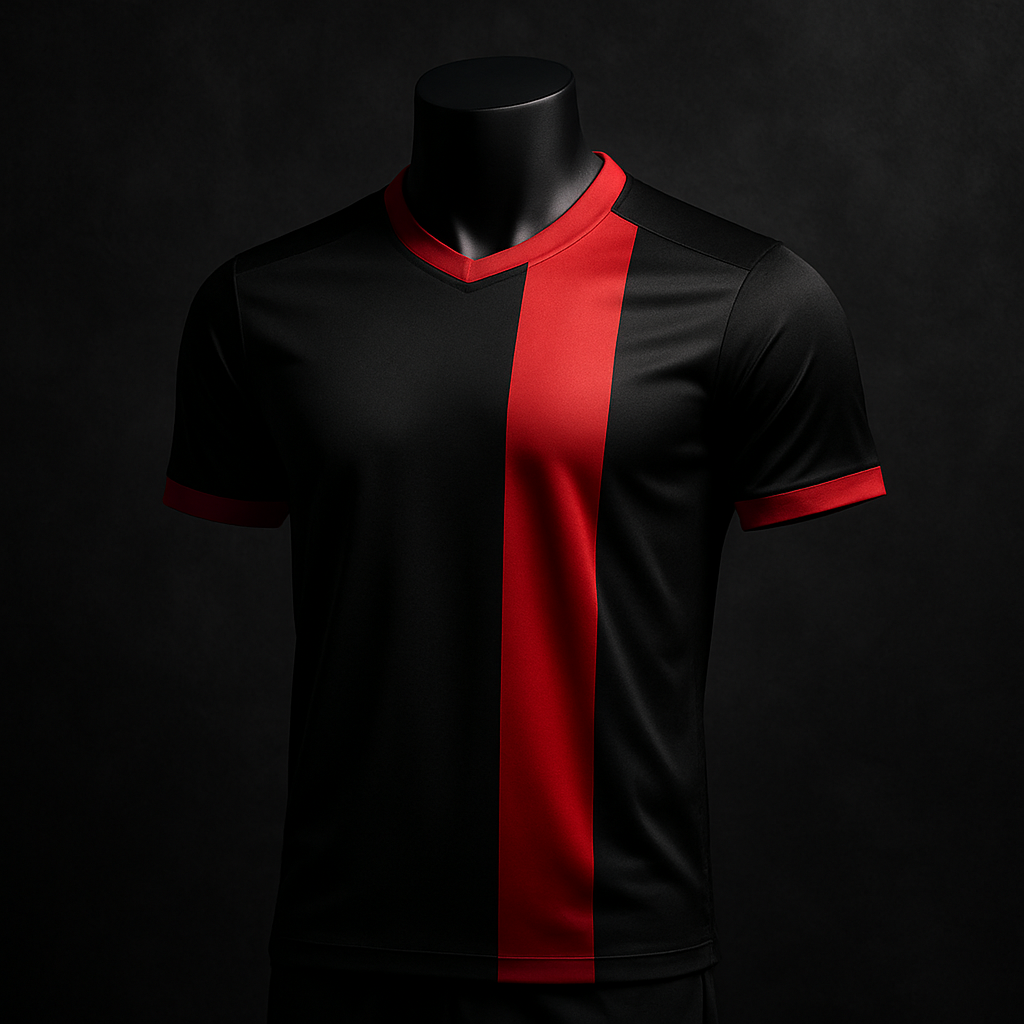 Black and red football jersey on a dark mannequin