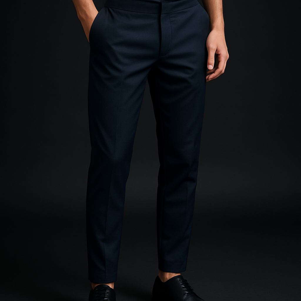 Deep navy tapered pants with subtle sheen and clean ankle finish