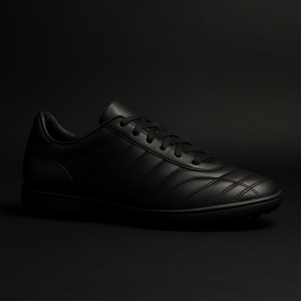 Sleek black football-inspired shoes with tonal stitching and low profile