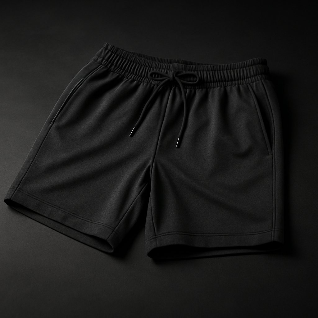 Tailored charcoal athletic shorts with smooth texture and refined drawstring