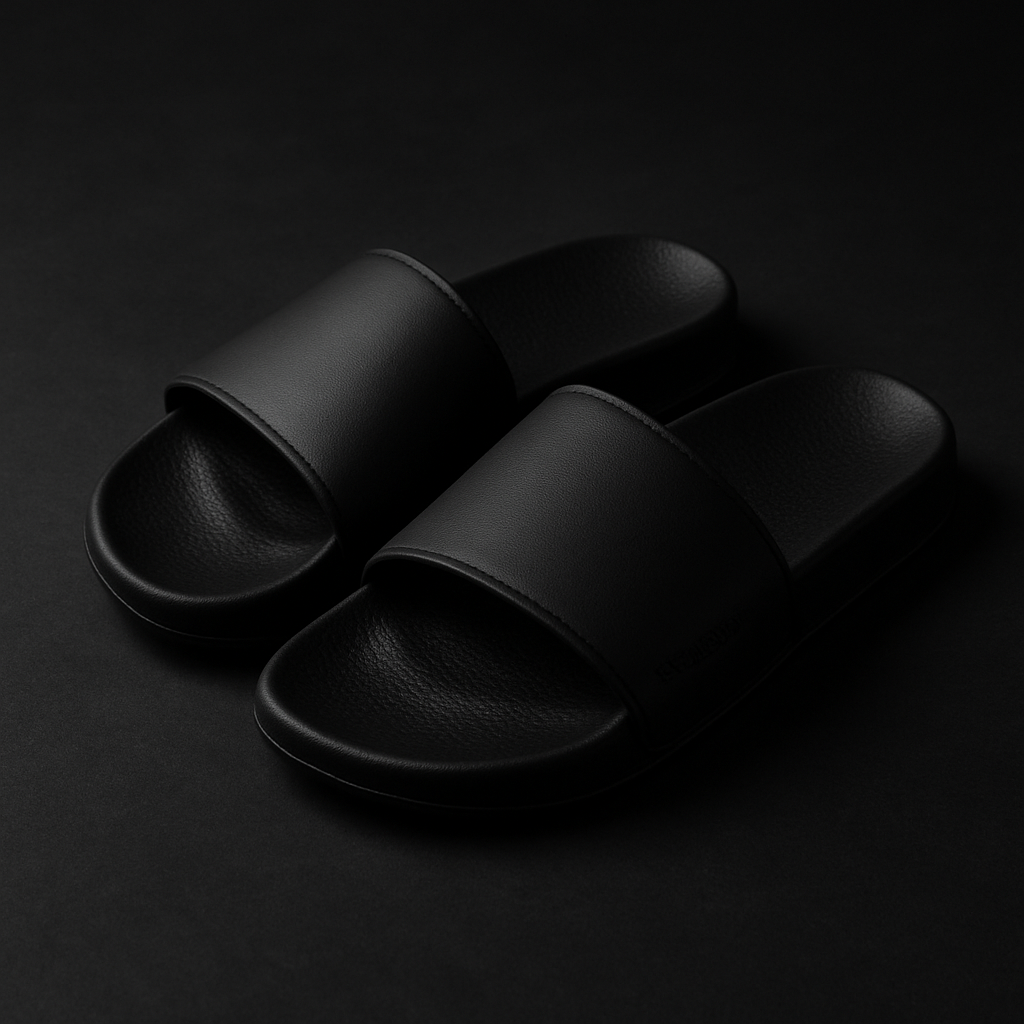 Matte black sporty slides with textured footbed and understated branding