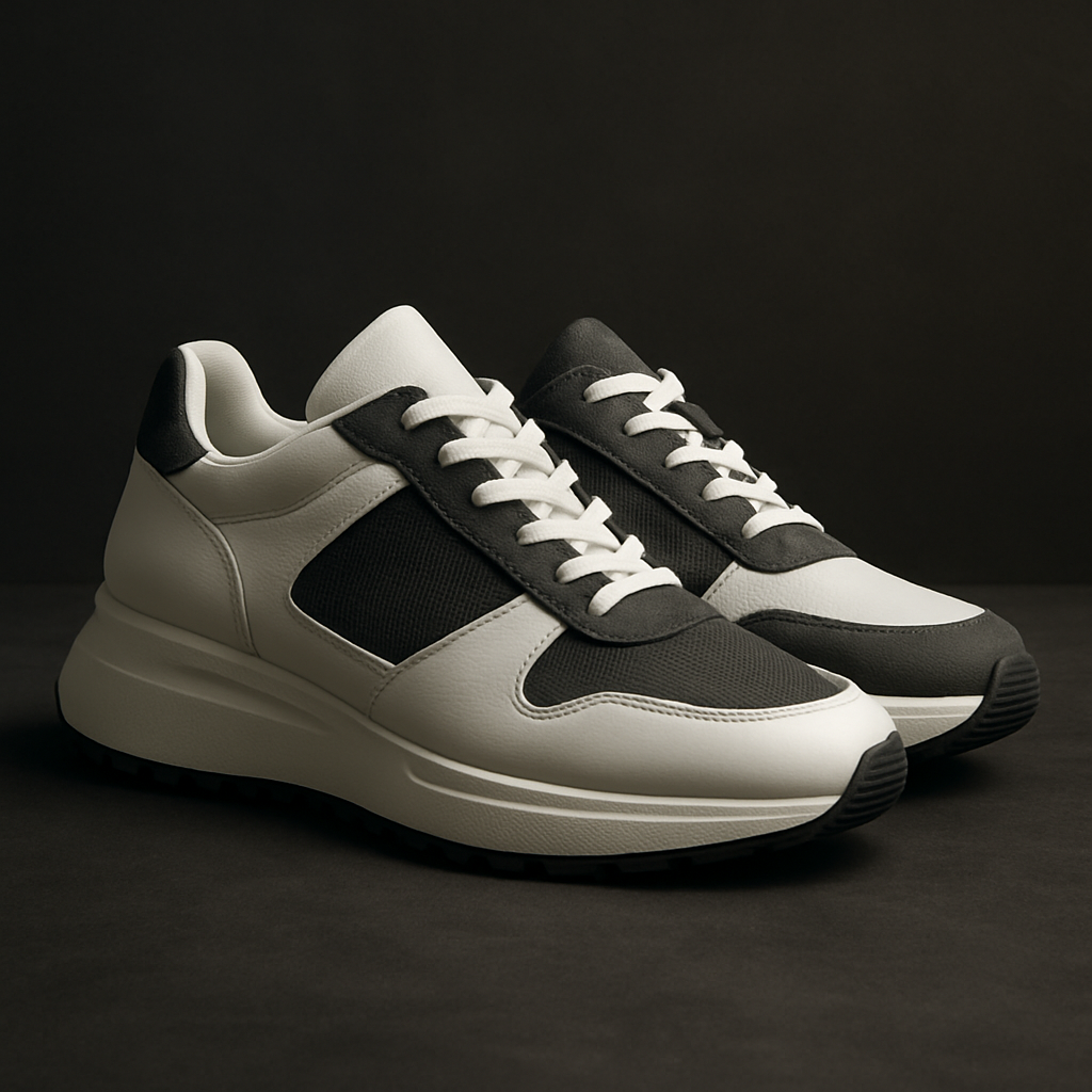 Minimalist white and graphite sneakers with textured sole and premium leather