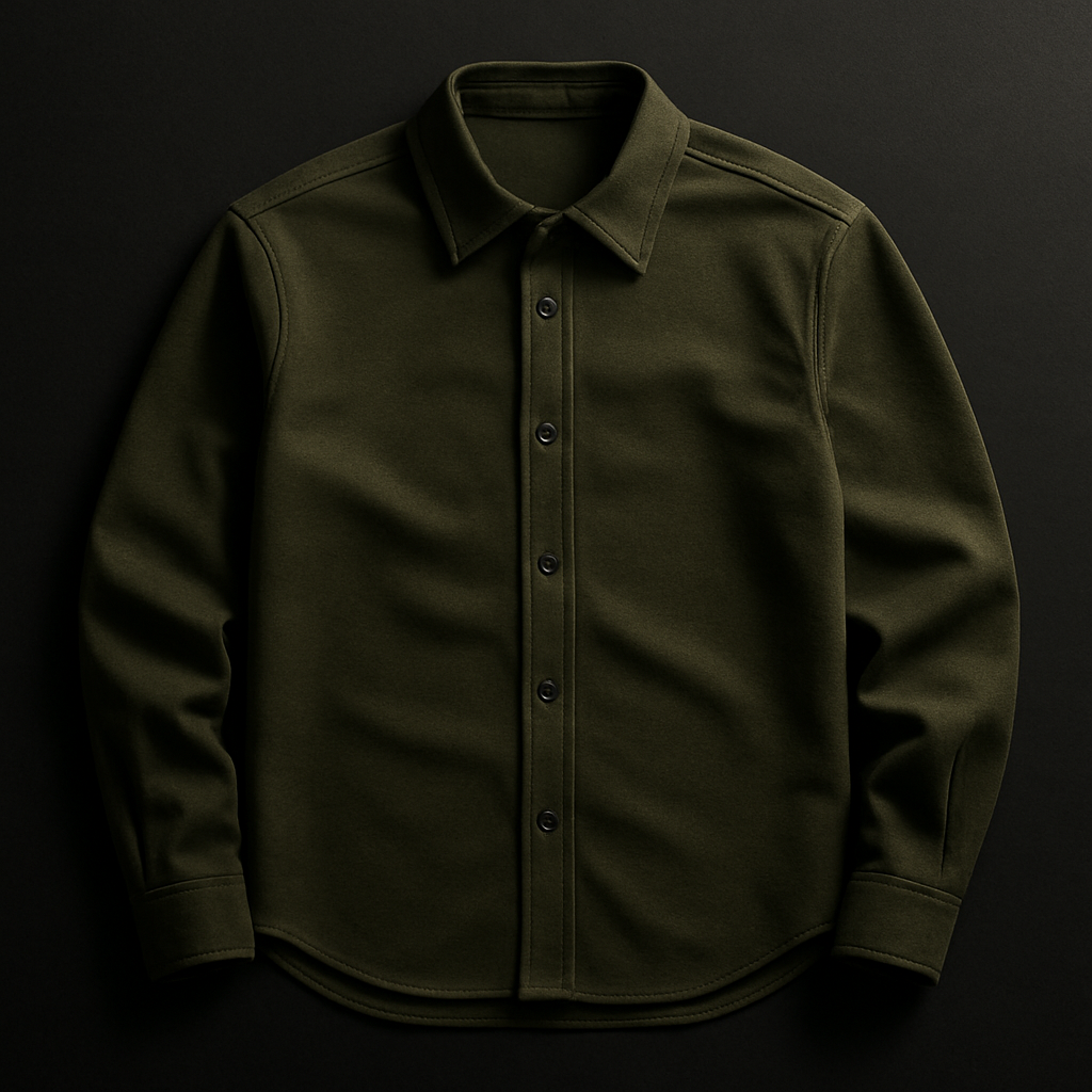 Layered dark olive top with structured collar and smooth cotton texture