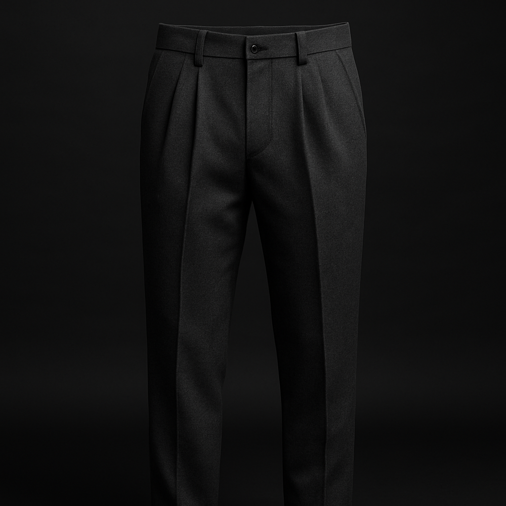 Modern charcoal trousers with crisp pleats and premium wool blend texture