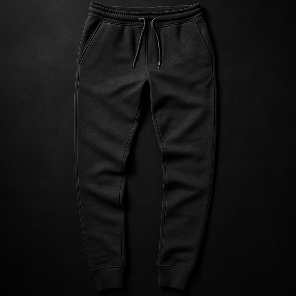 Slim-fit charcoal jogger pants laid flat with drawstring