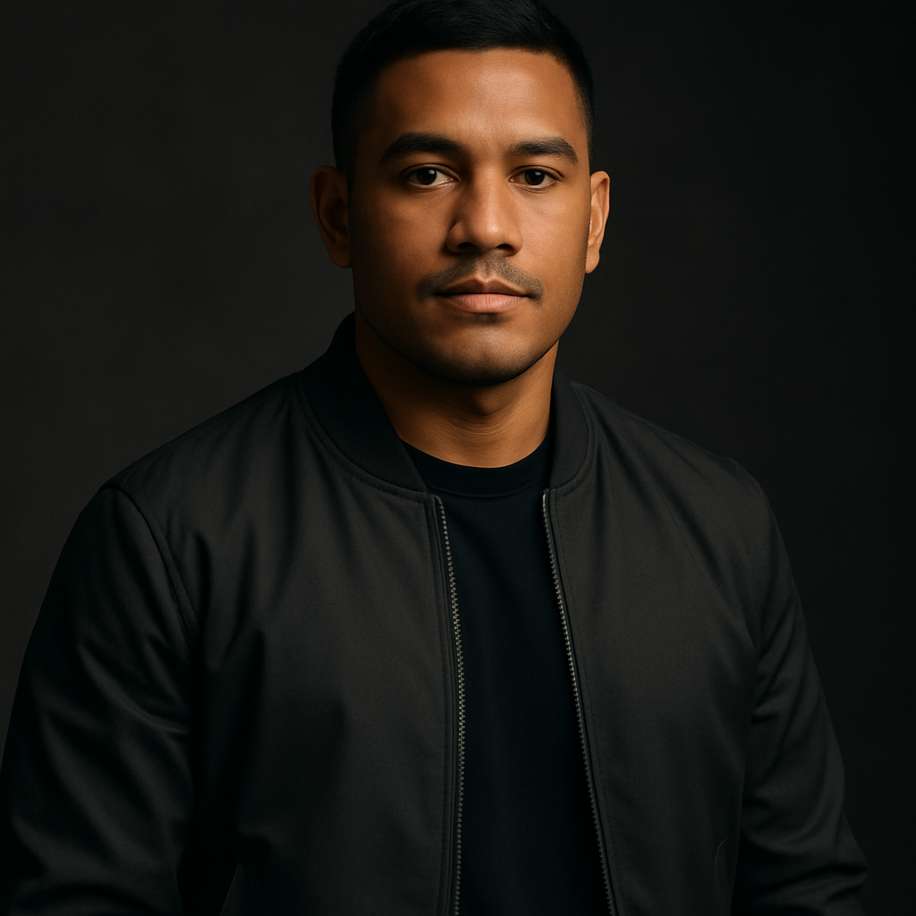 Portrait of Angelo, a medium-built man with short black hair wearing a charcoal bomber jacket