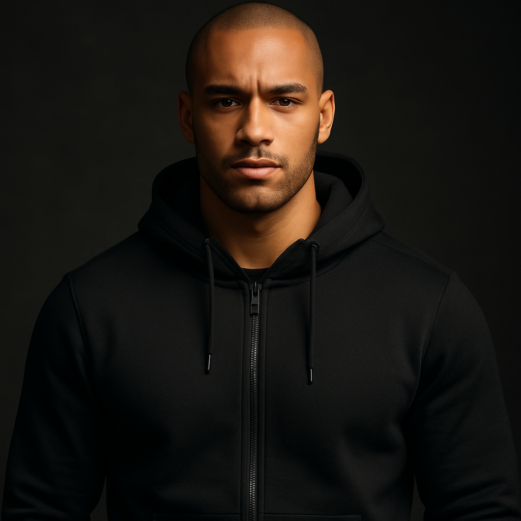 Portrait of Julian, a muscular man with a shaved head wearing a black zip hoodie
