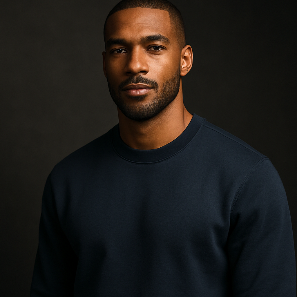 Portrait of Marcus, a tall athletic man with a close-cropped beard wearing a navy crewneck