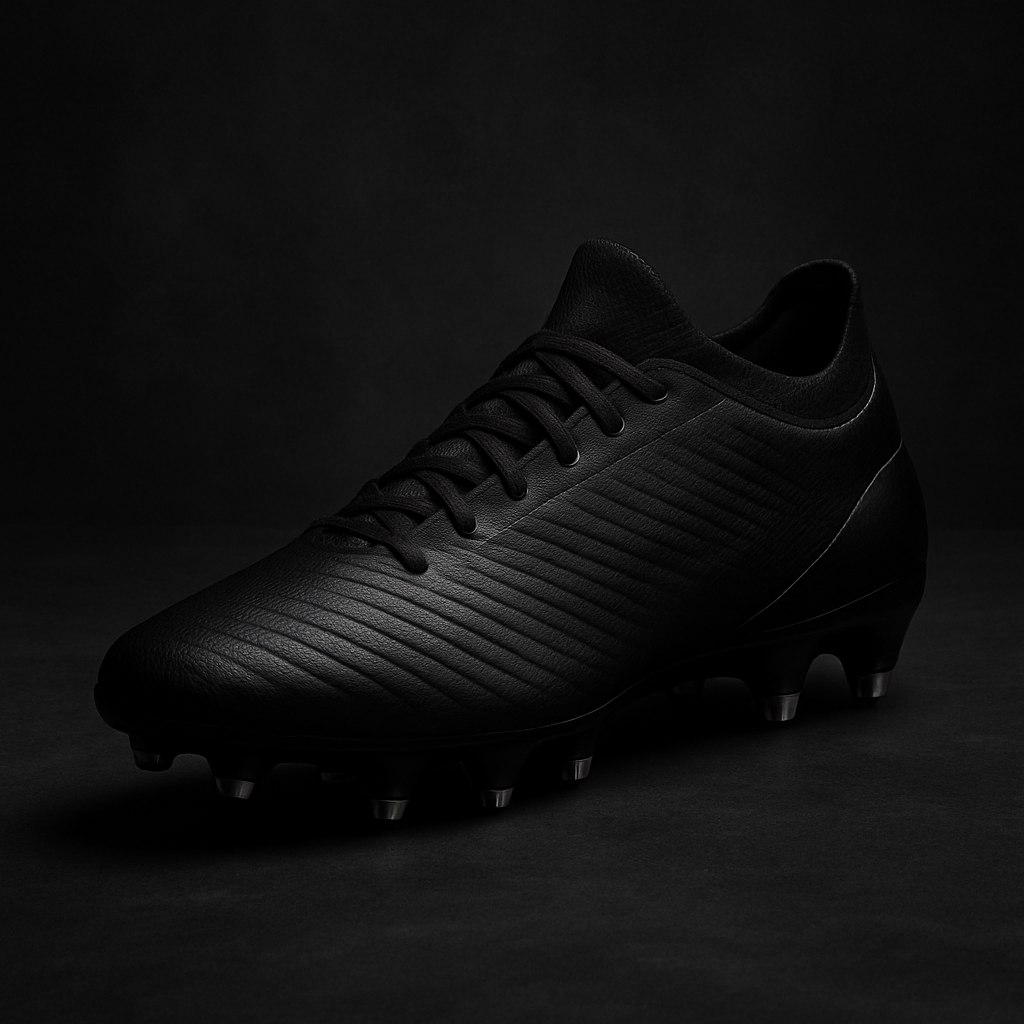 Black football shoes with metallic studs on a moody background