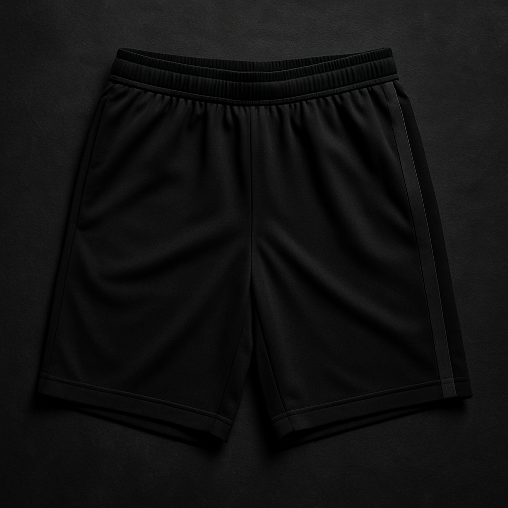Athletic black shorts with subtle side stripe on a textured surface