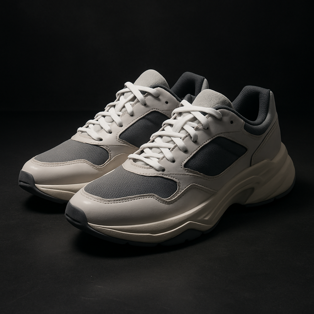 White and gray chunky sneakers angled on a dark floor